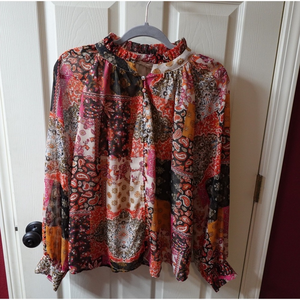 Entro Womens Patchwork Paisley Boho Blouse High‎ Ruffle Neck Lurex Shimmer Large